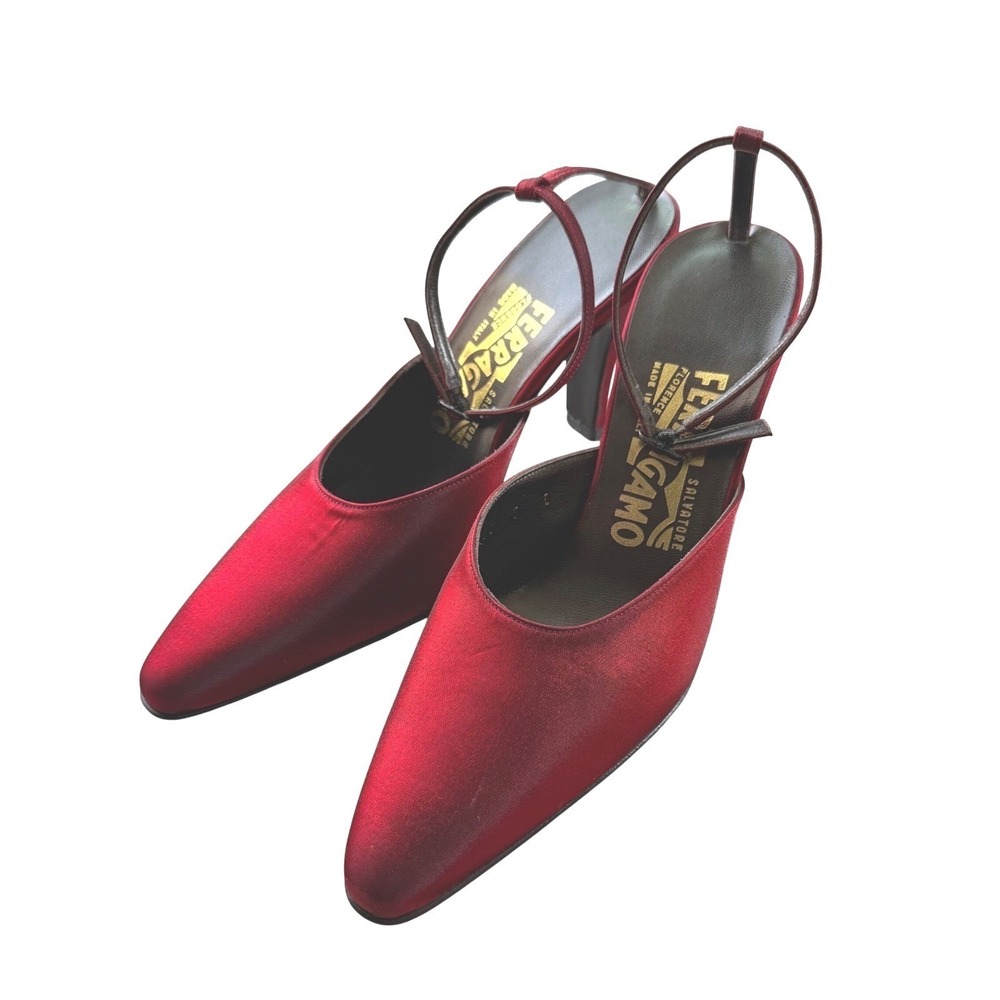 Salvatore Ferragamo Vintage Red Satin Slingback Heels Almond Toe Pumps 7C